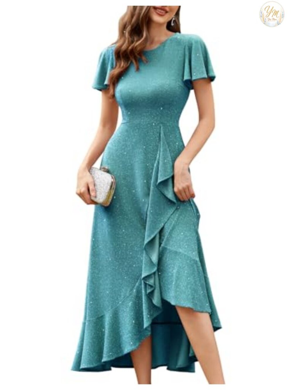 Sequin Formal Dress High-Low Flutter Sleeve Slip-On Maxi